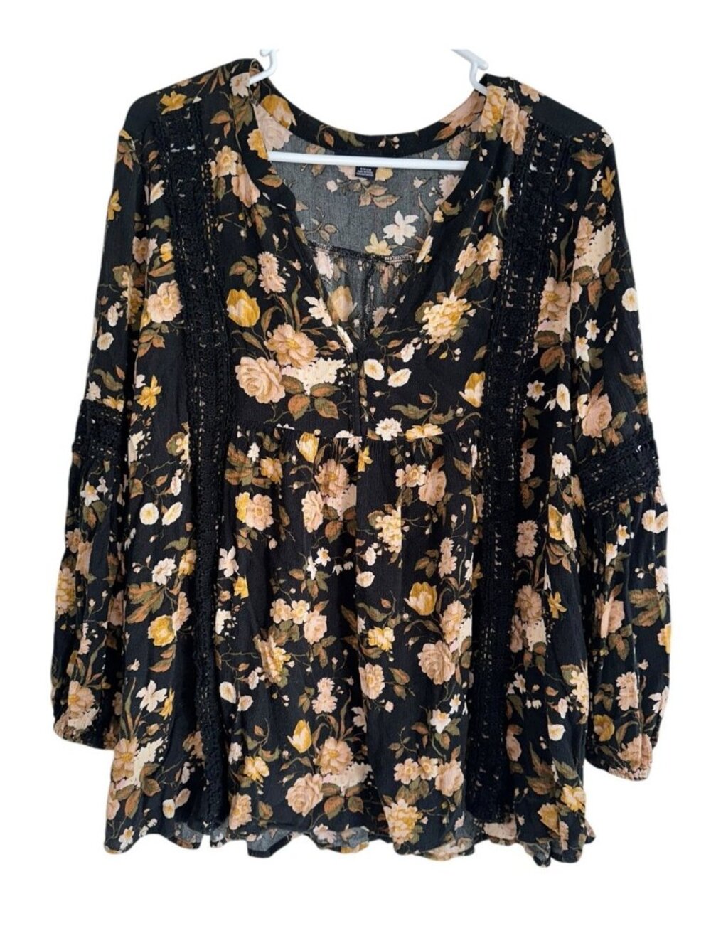 American Eagle Long Sleeve Peasant Top Sz A Black Floral Babydoll Cottage Boho